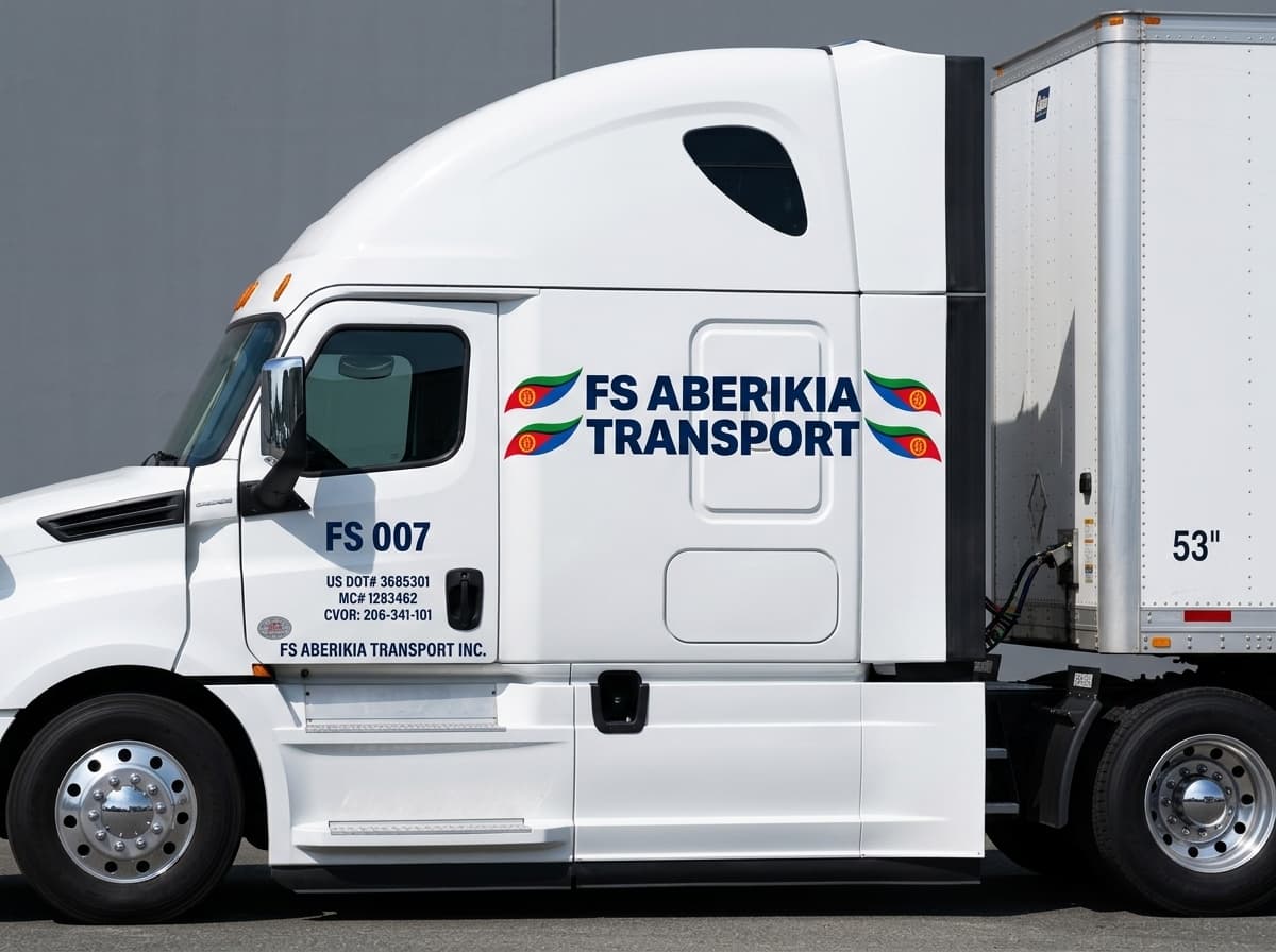 Close-up of cab door FS 007 showing US DOT, MC, and CVOR operating credentials